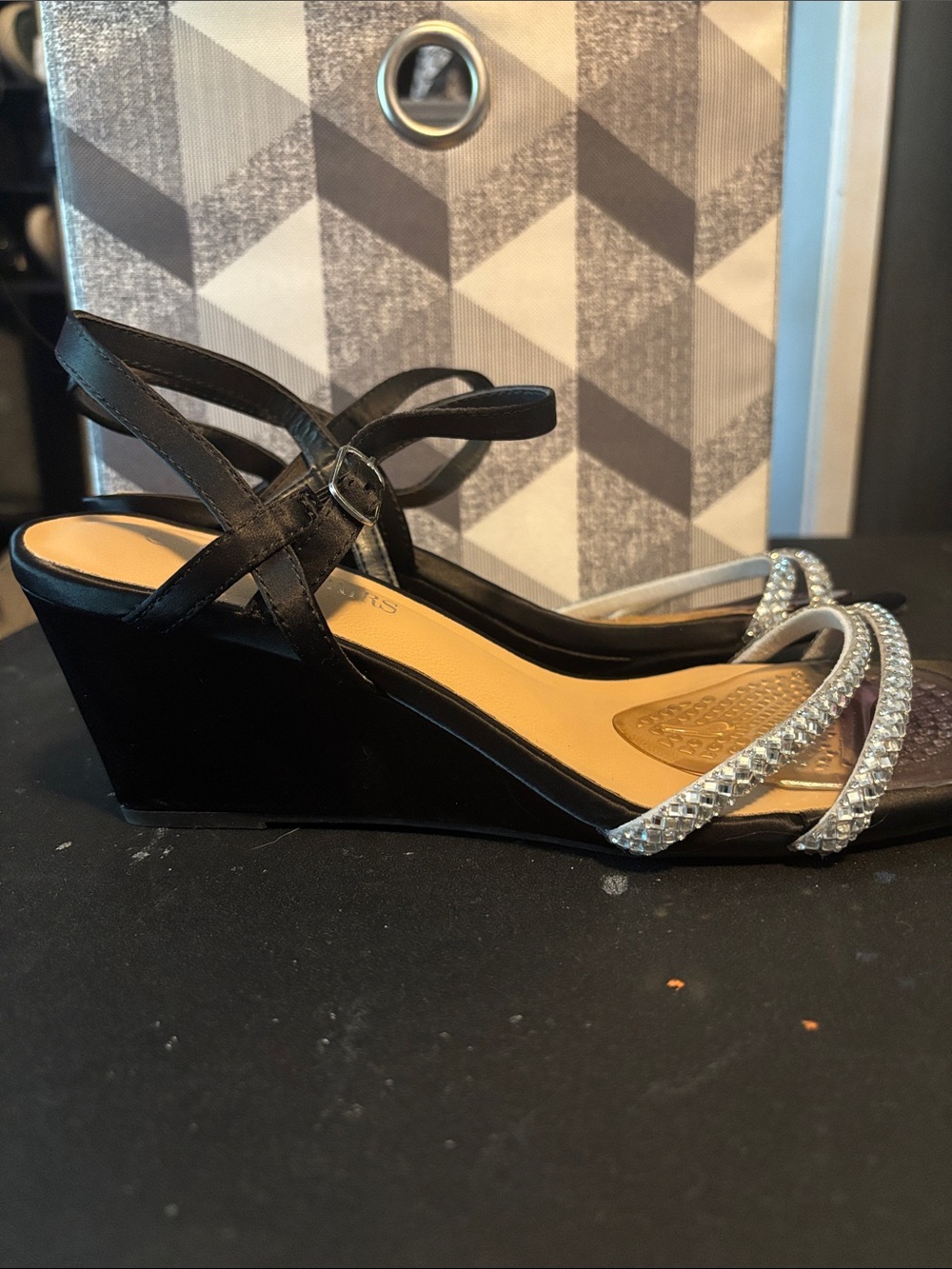 Rock & Republic Black Wedge Sandals with Silver Braided Straps